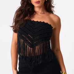 Tassel Hem Crochet Strapless Top