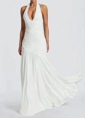 Deep Halter Neck Pleated Desgin Maxi Dress