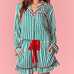 Stripe Solid Trim Long Sleeve Button Down Shirt And Ruffle Shorts Sleepwear Set