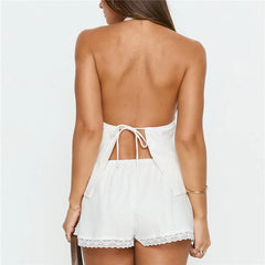 Lace Trim Halter Tie-Up Open Back Top And Shorts Set