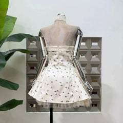 White Satin Floral Strapless Bow Tulle Hem Mini Dress