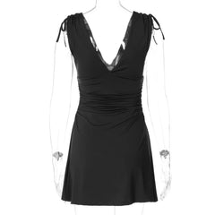 Black V-Neck Tie Shoulder Sleeveless Mini Dress