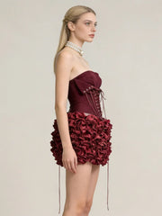 Red Lace Up 3D Flower Corset And Mini Skirt Set