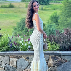 Ruffled Knitted Hollow Strap Tie Up Long Dress