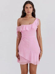 Oblique Shoulder Ruffled Pink Open Back Sleeveless Bodycon Mini Dress