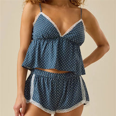 Blue Polka Dot V-Neck Lace Trim Cami Top and Shorts Loungewear Set