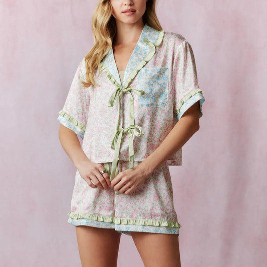 Bow Tie Floral Shirt And Shorts Set