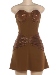 Brown Metallic Patchwork Strapless Mini Dress