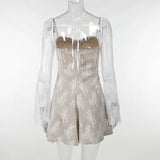 White Square Neck Lace Mesh Long Sleeve Mini Dress