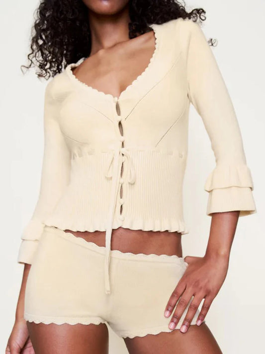 Knit Cropped Drawstring Cardigan Top