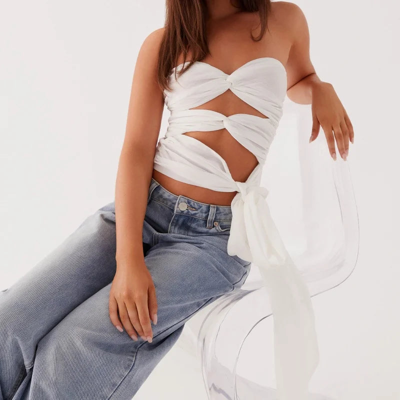 Women's edgy black strapless cutout crop top.

