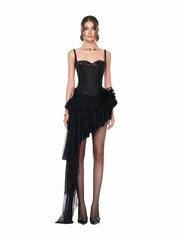 Fishbone Lace-Up Top And Mesh Asymmetrical Skirt Two-Piece Set