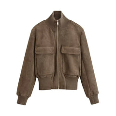 Faux Suede Stand Collar Zip Up Bomber Jacket