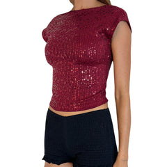 Sequin Short Sleeve Low Back Top