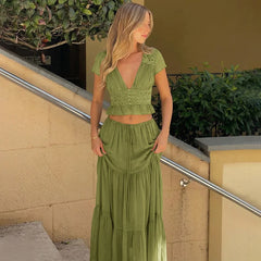 Short Sleeve Mesh Patchwork Crop Top And Maxi Skirt Matching Set