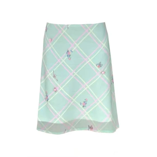 Blue Plaid Floral Mesh Midi Skirt