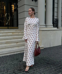 White Satin Red Flower Print Long Sleeve Maxi Dress - Free From Label