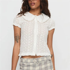 White Puff Short Sleeve Doll Collar Blouse