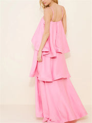 Pink Spaghetti Strap Layered Tiered Long Dress