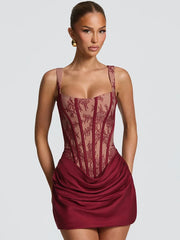 Lace Corset Square Neck Ruched Satin Bodycon Short Dress