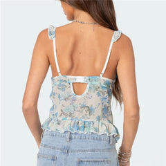 Blue Floral Print Ruffles Tank Top