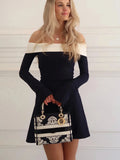 Off-Shoulder Contrast Long Sleeve Mini Dress