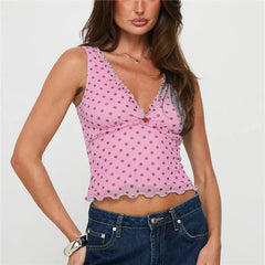 Dotted Ruffles Trim Sleeveless Tank Top
