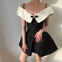 Black Off-Shoulder Contrast Collar Mini Dress - Free From Label