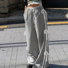 Grey Stripe Ribbon Drawstring Sweatpants