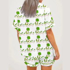 Bunny Bow/Clover Short Sleeve Button-up Top And Shorts  Pajama Set
