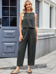 Printed Plaid Sleeveless Vest And Wide Pants Set