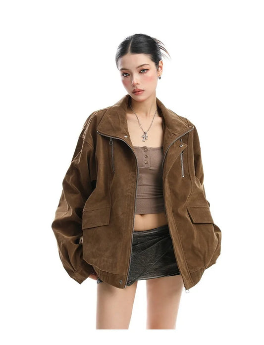 Faux Suede Stand Collar Zipper Jacket