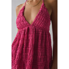 Lace-up Halter Deep V-Neck Smocked Top