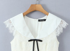 Lace Bow Lapel Collar Sleeveless Dress