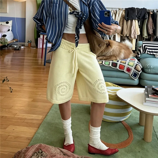 Hollow Swirl Embroidery Drawstring Wide Leg Capri Pants