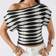 Off Shoulder Wavy Stripe Knit Crop Top