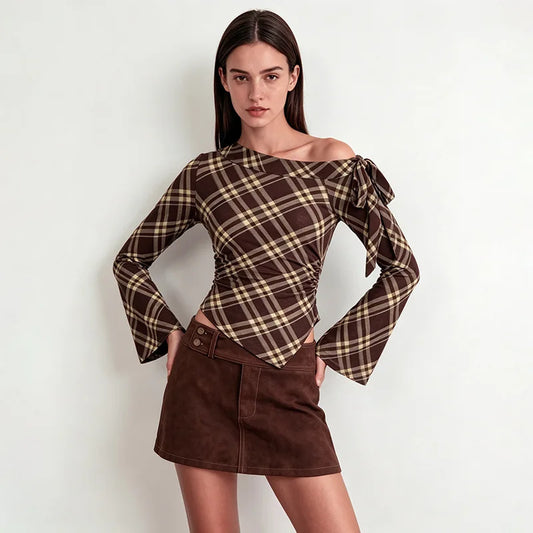 Brown Plaid Off-Shoulder Long Flare Sleeve Top