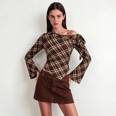 Brown Plaid Off-Shoulder Long Flare Sleeve Top