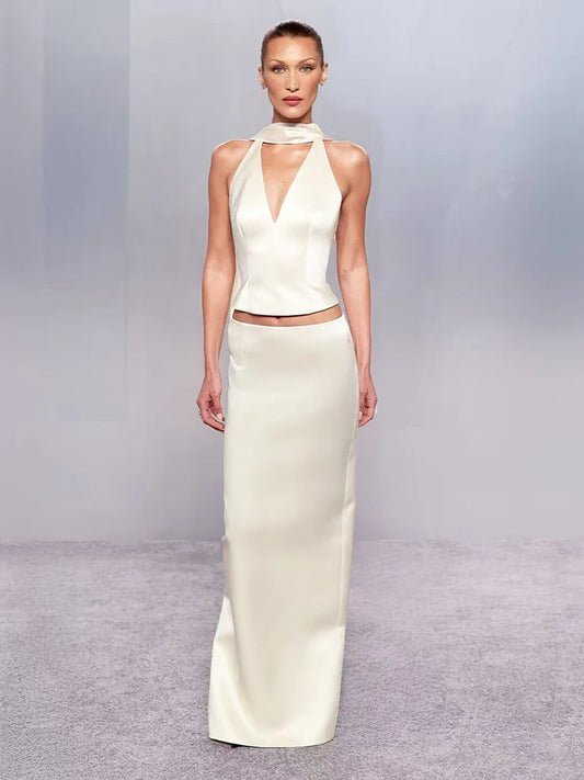 Satin Solid Halter Top And Maxi Skirt Set