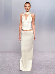Satin Solid Halter Top And Maxi Skirt Set