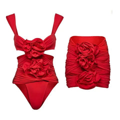 3D Floral Cut Out Swimming Bodysuit And Skirt Set