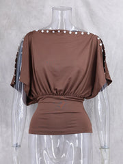Brown Button Up Off-Shoulder Top