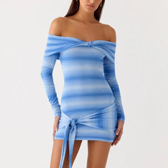 Blue Gradient Off-Shoulder Knit Drape Mini Dress