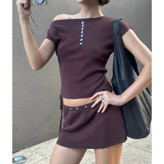 Knit Short Sleeve Off-Shoulder Shell Button Top And Mini Skirt Set