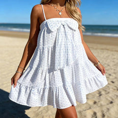 White Cami Polka Dot Bow Square Neck Spaghetti Strap Mini Dress