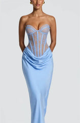 Strapless Lace Corset Satin Drape Maxi Dress