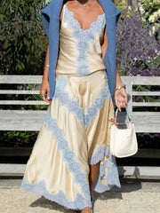 Lace Trim Patchwork Satin Cami Top And Maxi Skirt Set