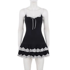 Black Ribbed Lace Trim Strap Mini Dress