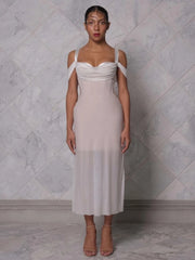 Silver Bustier Off-Shoulder Mesh Midi Dress Free From Label