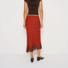 Polka Dot Sheer Lace Trim Satin Long Skirt